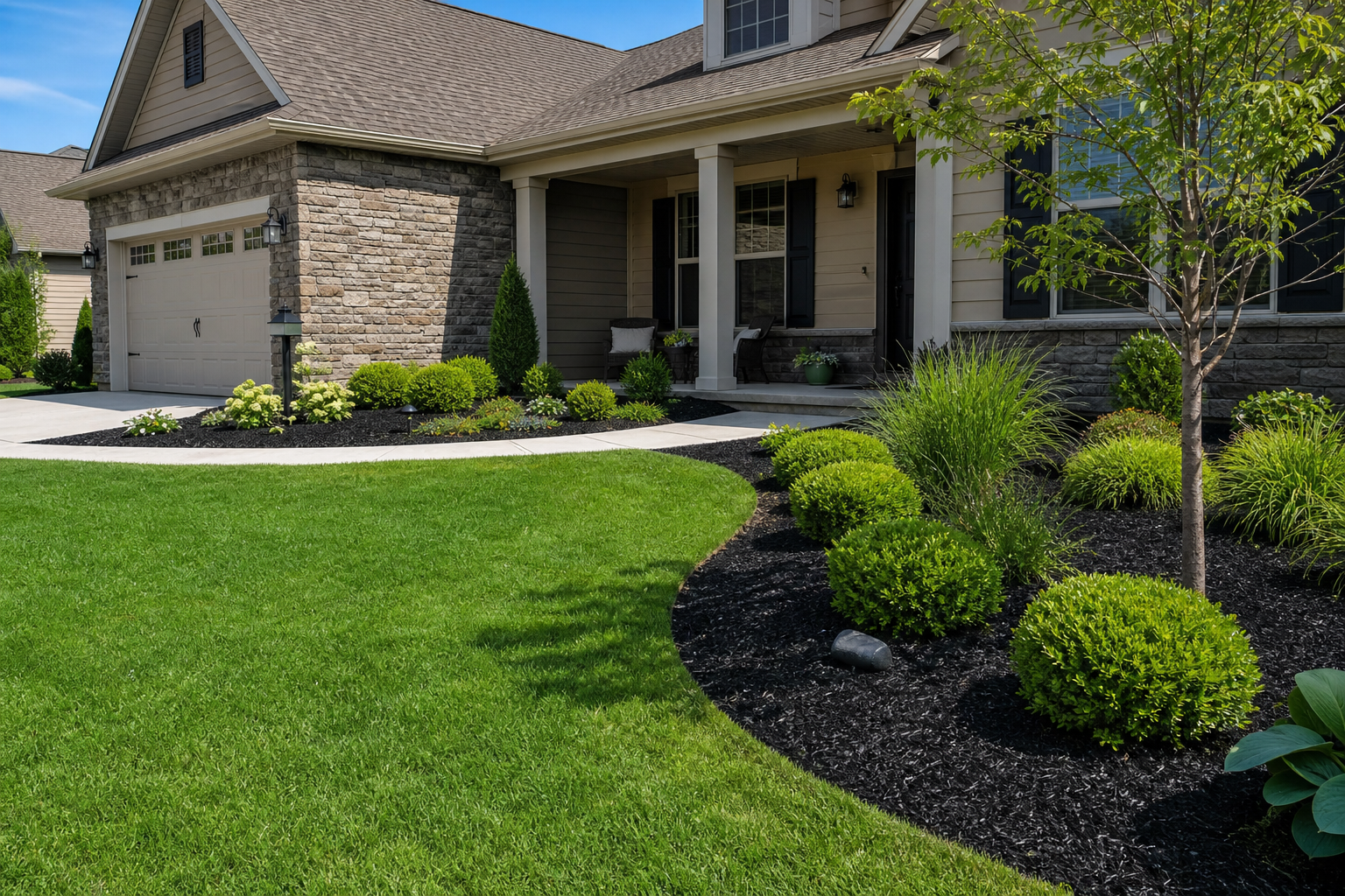 Freshly mulched plant beds with pruned shrubs and a manicured lawn